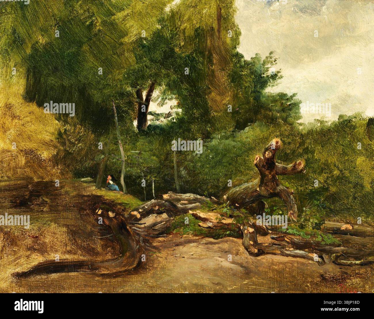 Dans 'Bûcheron dans la forêt de Fontainebleau', Camille Flers dépeint un bûcheron au travail dans la dense forêt de Fontainebleau. Cette peinture à l'huile sur carton souligne la tâche laborieuse dans un environnement naturel. Banque D'Images