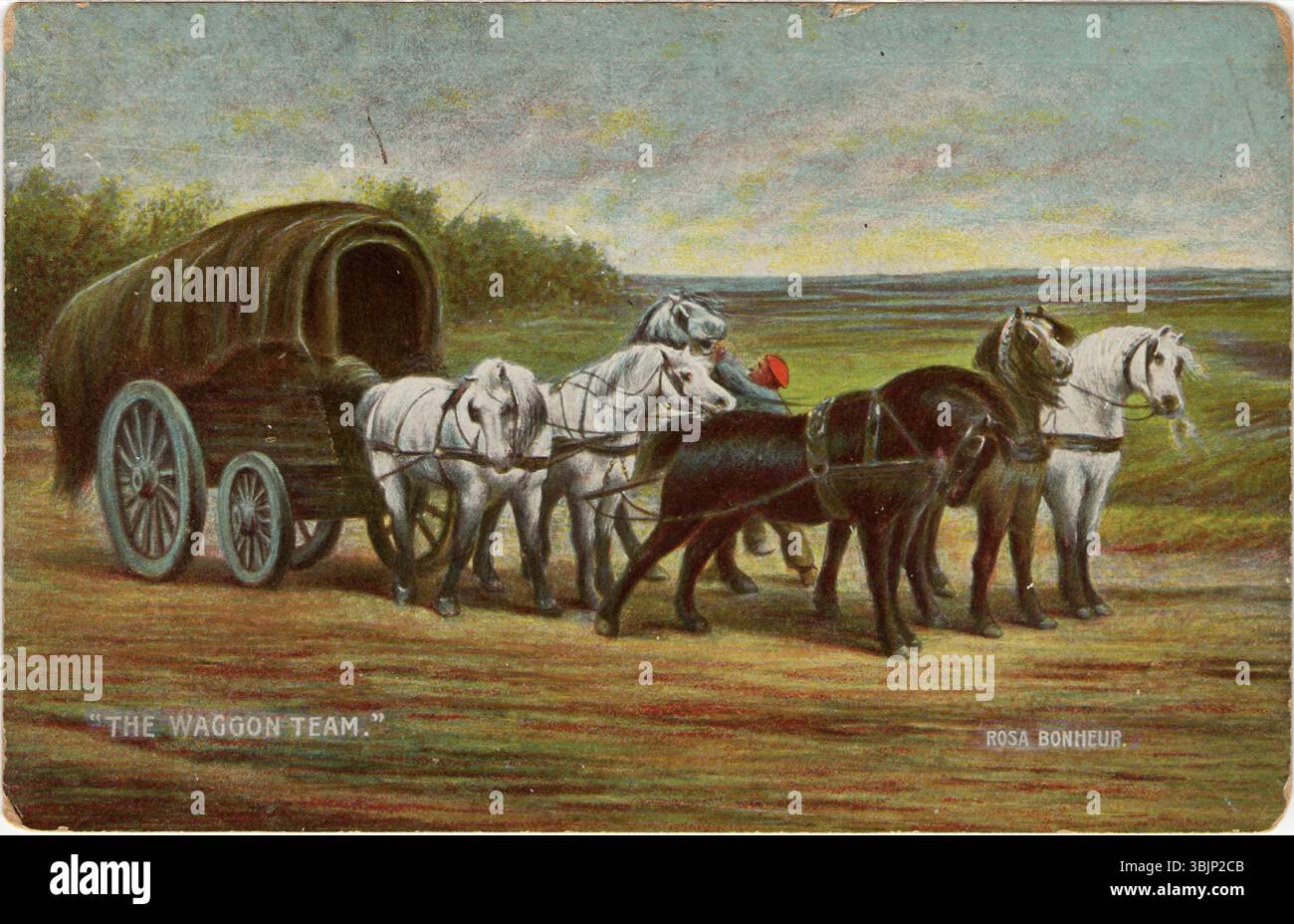 « The Waggon Team » de Rosa bonheur (1905) représente un groupe de chevaux de trait tirant un chariot. Cette scène puissante et réaliste met en valeur la maîtrise de l’artiste sur la représentation animale et la vie rurale de l’époque. Banque D'Images