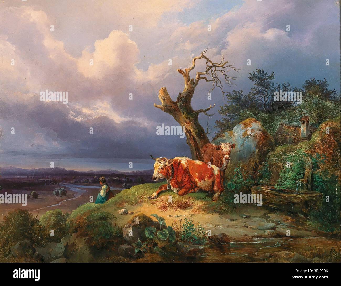 Edmund Mahlknecht (1820-1903) peint « Une bergère avec deux vaches dans un vaste paysage » à l'huile sur toile. La peinture représente une berger femelle qui s'occupe de deux vaches face à un vaste paysage rural. Banque D'Images