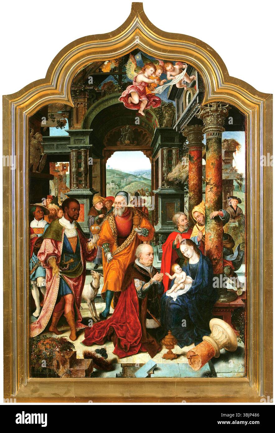 'Pokon Trzech Króli' (L'Adoration des Mages) de Joos van Cleve (vers 1485–1540/1541), est une œuvre du XVIe siècle montrant les trois sages présentant des cadeaux à l'enfant Jésus. Cette pièce est un bel exemple de l'attention portée par Van Cleve aux détails et à l'utilisation de couleurs éclatantes. Banque D'Images