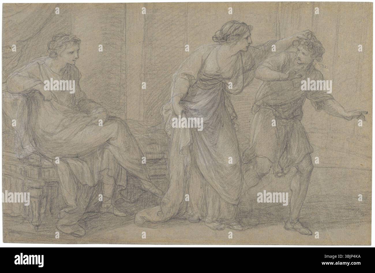 Le dessin d'Angelica Kauffmann dépeint un moment dramatique entre un jeune homme et une femme. L'utilisation de craie noire et de blanc accentué souligne l'intensité émotionnelle de la scène. Banque D'Images