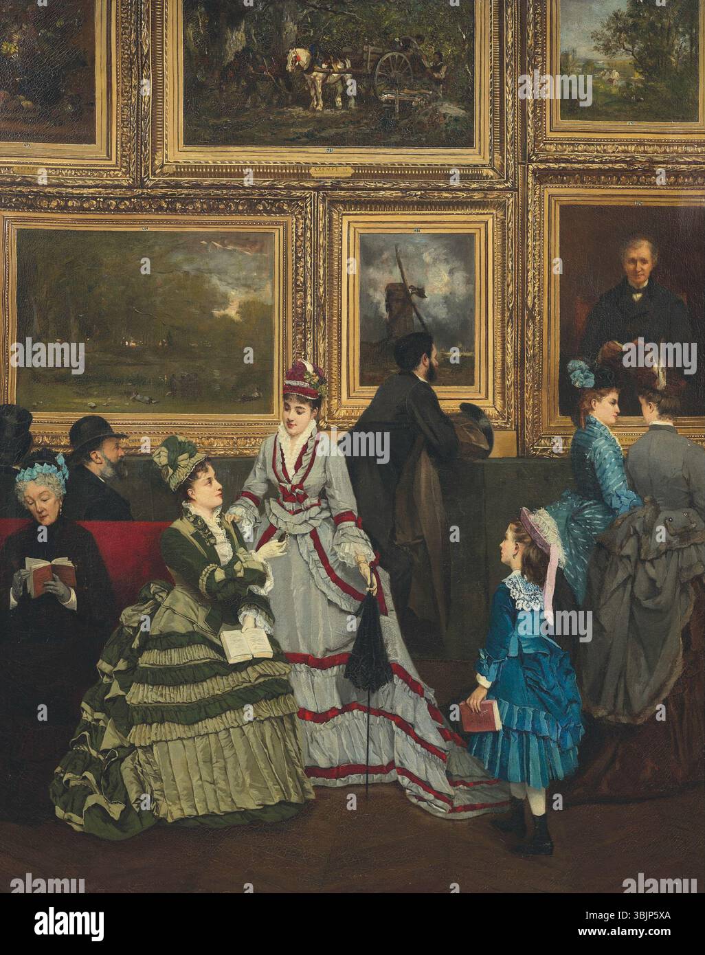 Le salon de 1874 (1874) de Camille-Léopold Cabaillot-Lassalle présente divers tableaux présentés au salon de 1874, dont des œuvres d’Eugène petit, Jules-Jacques Veyrassat, Ernest Guillemer, etc. Cette huile sur toile capture la diversité des Français du XIXe siècle Banque D'Images