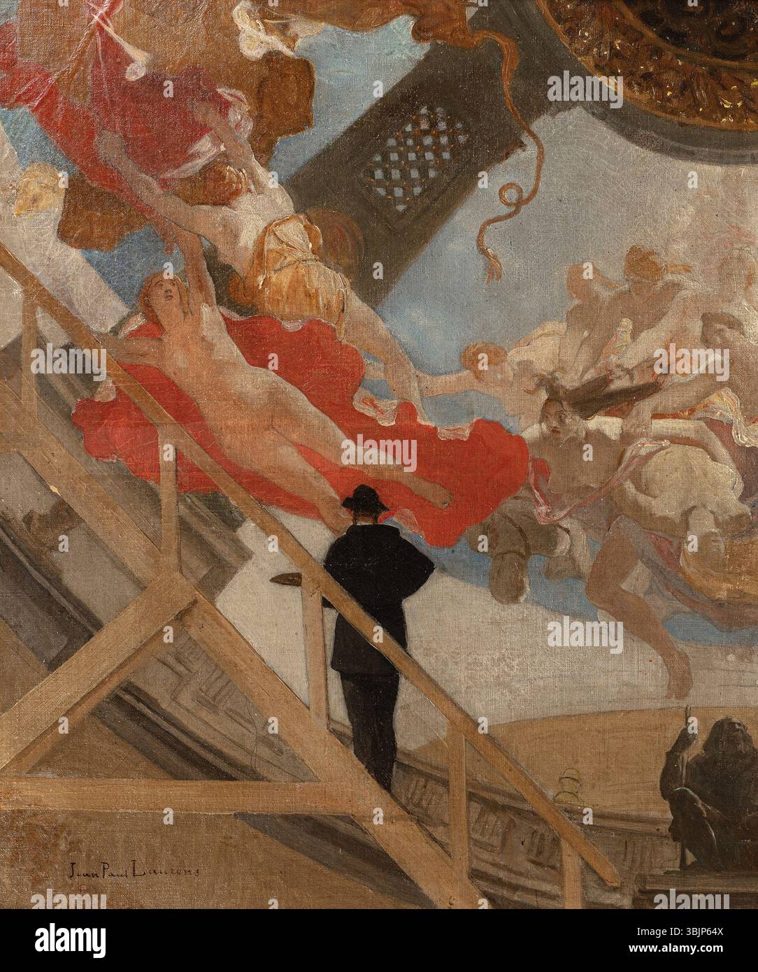 L’autoportrait de 1887-1888 de Jean-Paul Laurens « Autoportrait de l’artiste peignant le plafond du Théâtre de l’Odéon » montre l’artiste peignant le plafond du Théâtre de l’Odéon. La peinture à l'huile met en évidence l'effort physique et l'habileté impliqués dans l'art à grande échelle. Banque D'Images