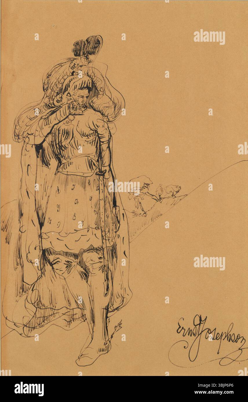 'Chevalier dans le paysage' d'Ernst Josephson, peint à la fin du XIXe siècle, représente un chevalier dans un vaste cadre naturel, soulignant l'isolement de la figure et le paysage dramatique. Banque D'Images