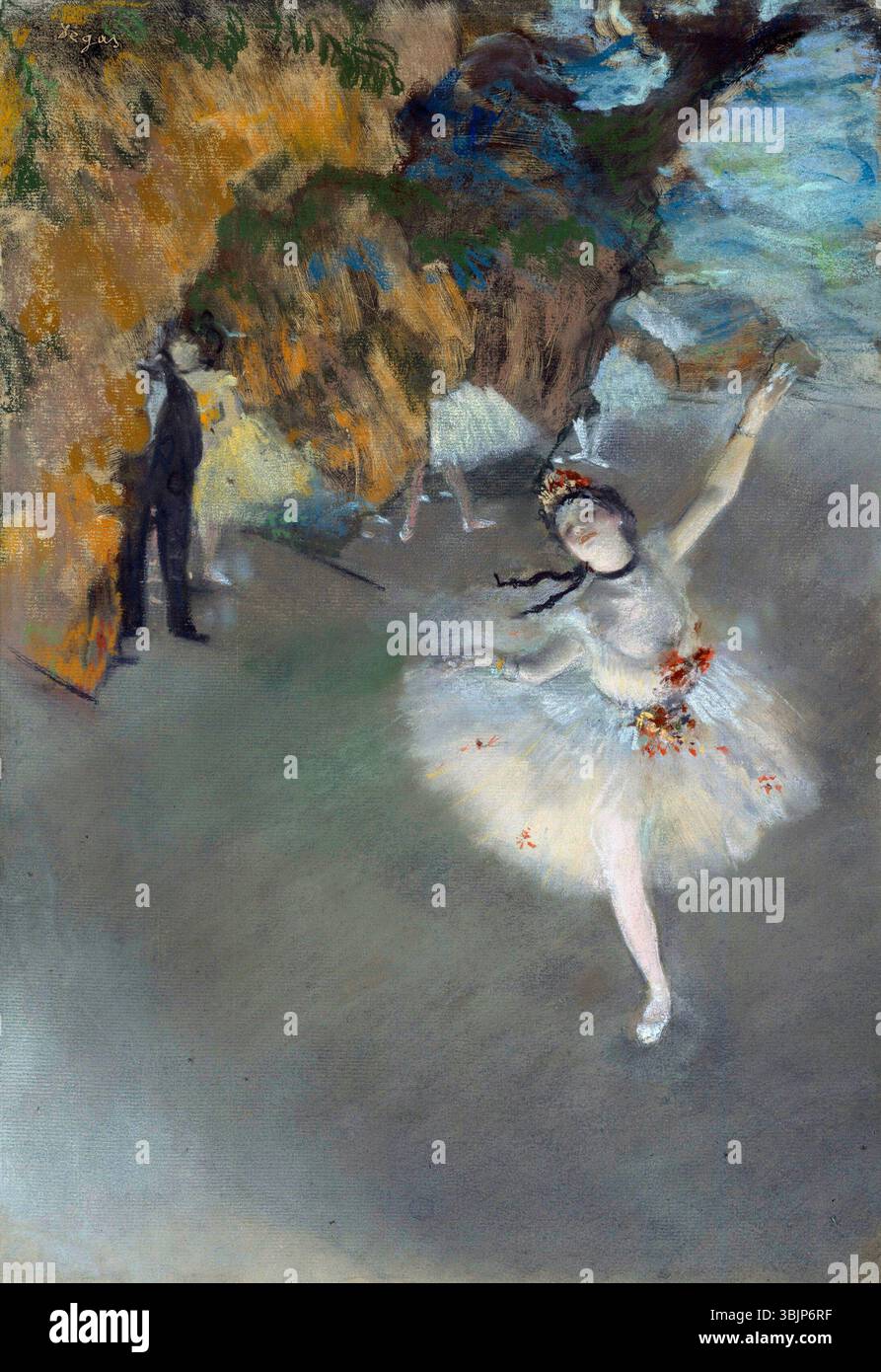 Le pastel Ballet (L'étoile) (1876-1877) d'Edgar Degas représente Rosita Mauri, une célèbre ballerine, dans le rôle de danseuse vedette sur scène. L’œuvre illustre la maîtrise du mouvement par Degas et son accent sur le ballet, capturant l’élégance et la grâce du danseur. Banque D'Images