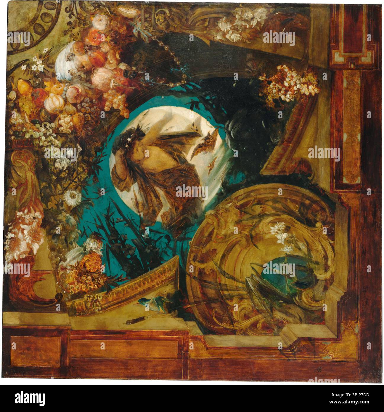 *Night and Morning* (1869) de Hans Makart, qui fait partie d’une peinture de plafond à quatre panneaux, illustre la transition puissante de la nuit au jour. Ce segment huile sur papier sur toile mesure 174 x 174 cm et présente des représentations vibrantes de la lumière et de la couleur. Banque D'Images