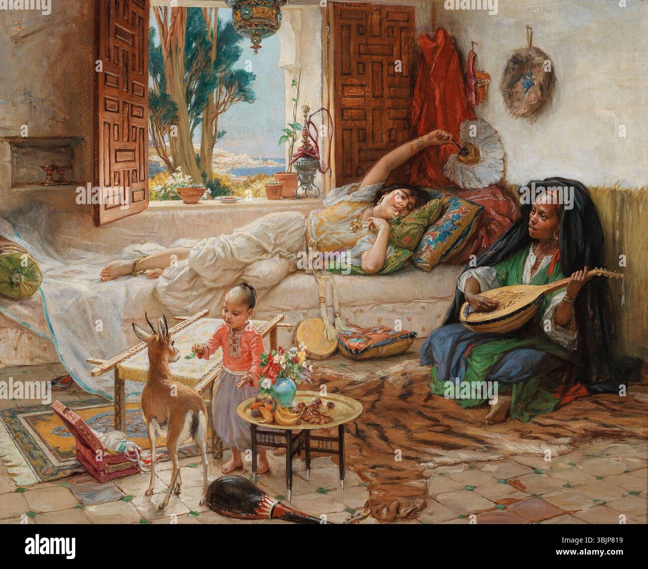 Après-midi à Alger de Frederick Arthur Bridgman (1847-1928) est une peinture à l'huile créée entre 1885 et 1895. La pièce capture la chaleur et l'atmosphère vibrante d'Alger, avec un accent sur la lumière, les couleurs et les figures locales, évoquant l'exotisme et le charme de l'Afrique du Nord. Banque D'Images
