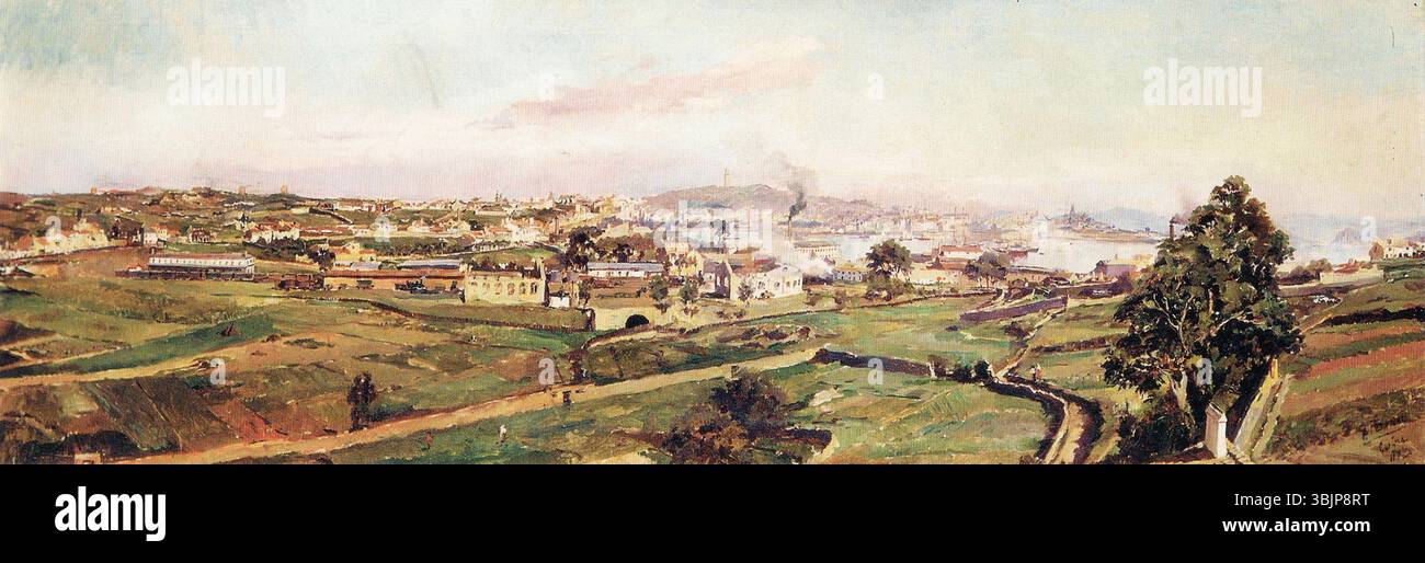 Le tableau de 1891 d'Alejandro Ferrant y Fischermans 'Cubela A Gaiteira Monelos' représente une scène galicienne traditionnelle d'une femme jouant de la cornemuse. Cette œuvre représente l’identité culturelle de la région et son patrimoine musical. Banque D'Images