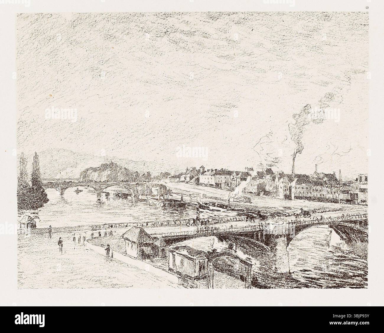 Cette lithographie intitulée 'ponts à Rouen' de Georges William Thornley, réalisée avant 1935 d'après un dessin de Camille Pissarro, représente des ponts de la ville française de Rouen. Imprimé par Atelier Becquet et édité par Boussod-Valadon. Banque D'Images
