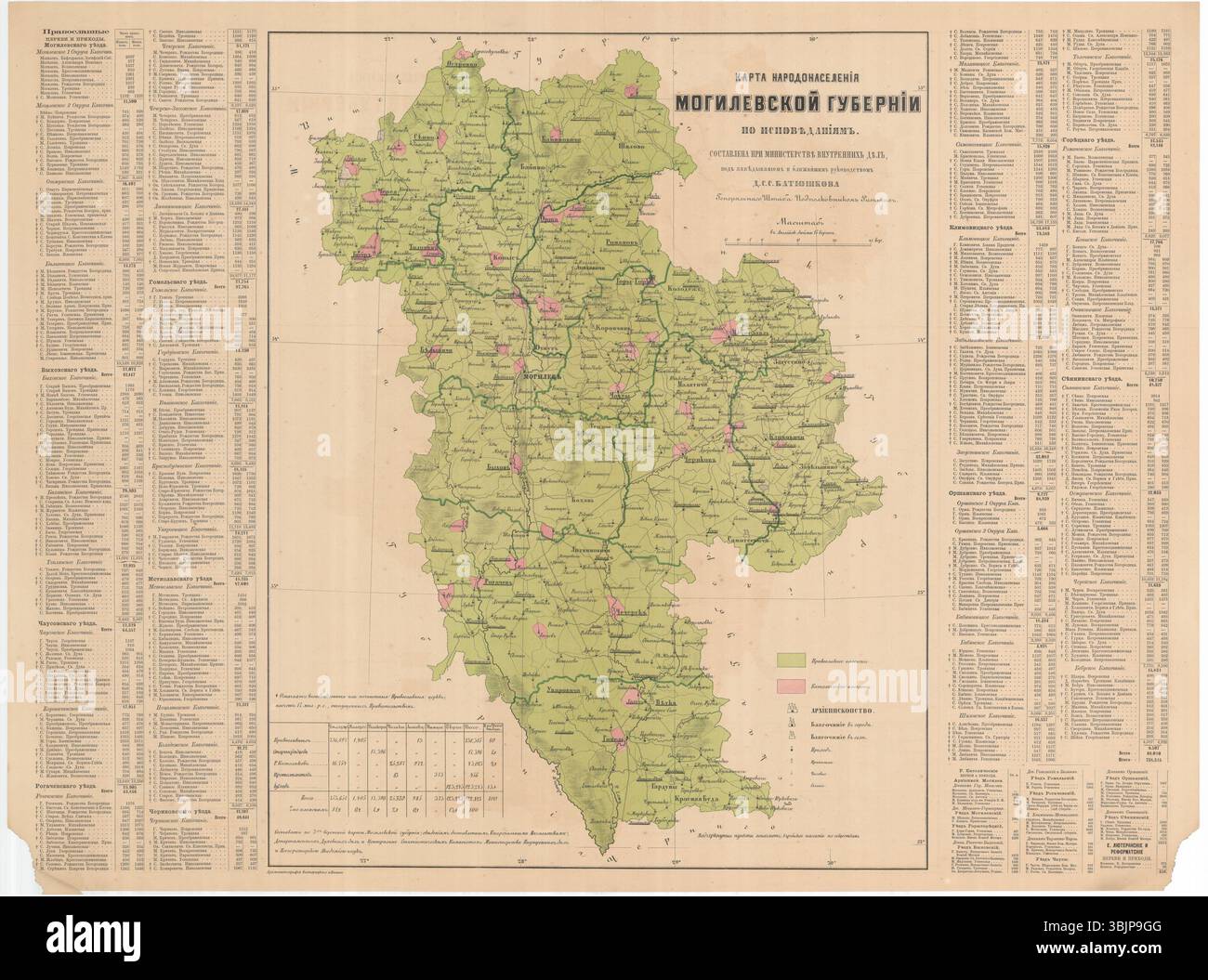 Cette carte de 1864 d'Aleksandr Fyodorovitch Rittikh montre la répartition des confessions religieuses dans le gouvernorat de Moguilev. La carte met en évidence la diversité des affiliations religieuses dans la région. Banque D'Images