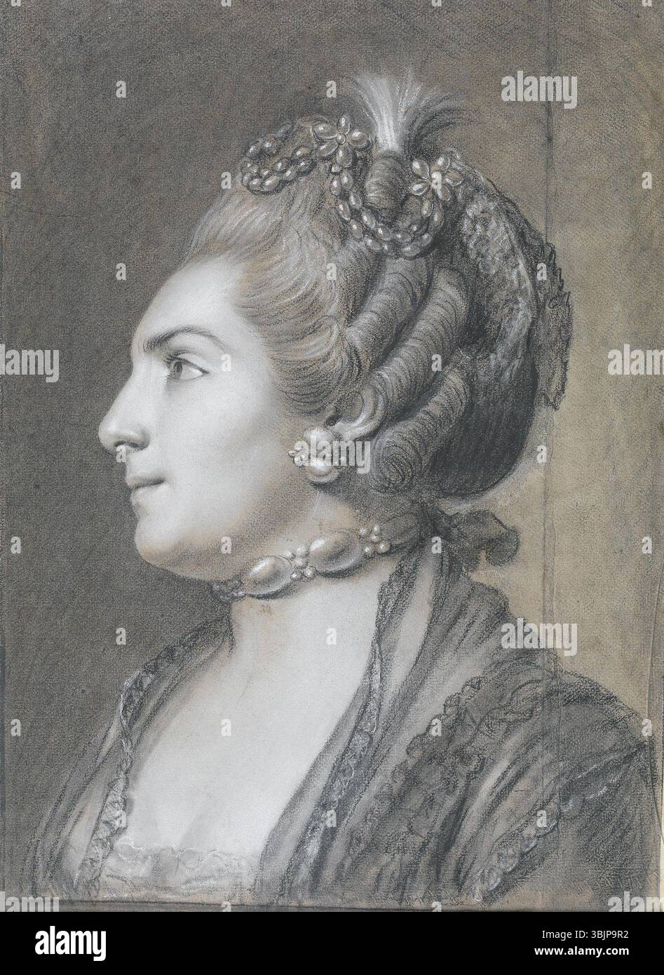 Portrait attribué à Sigmund Freudenberger représentant Marie Marguerite Masson, créé avant 1801. Le dessin utilise de la craie noire et blanche sur du papier couché gris, mesurant 47 par 34 centimètres. Banque D'Images Portrait attribué à Sigmund Freudenberger représentant Marie Marguerite Masson, créé avant 1801. Le dessin utilise de la craie noire et blanche sur du papier couché gris, mesurant 47 par 34 centimètres. Banque D'Images