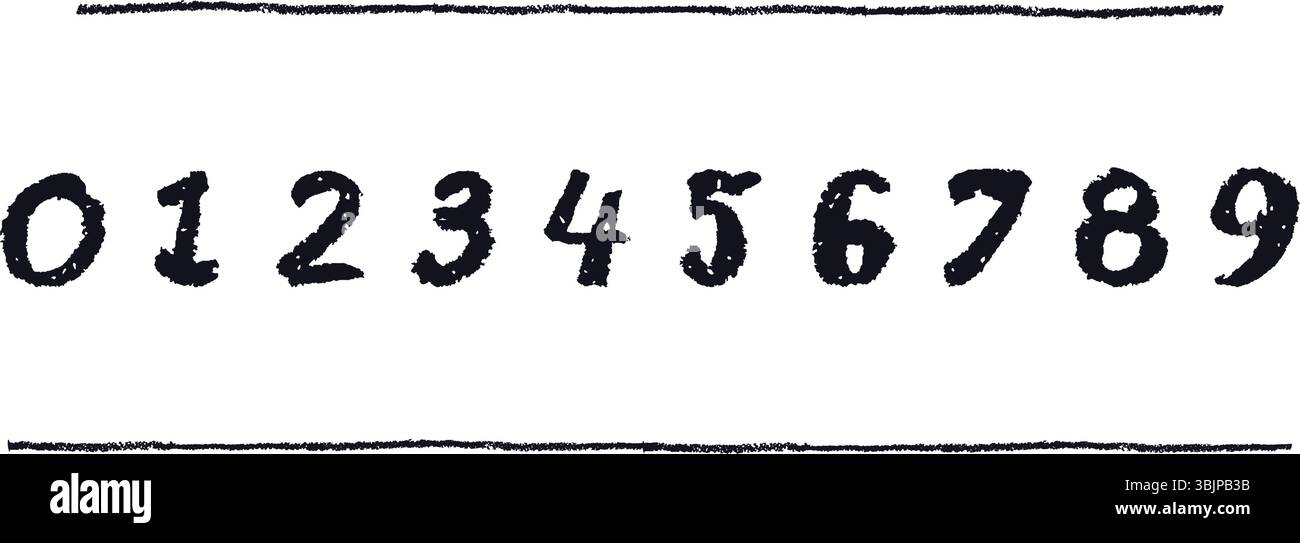 Numéros noirs drôles 0-9, dessinés à la main dans un crayon de cire ou un style pastel. Effet surligneur sur un tableau blanc pour le dessin de maternelle, matériel d'apprentissage Illustration de Vecteur
