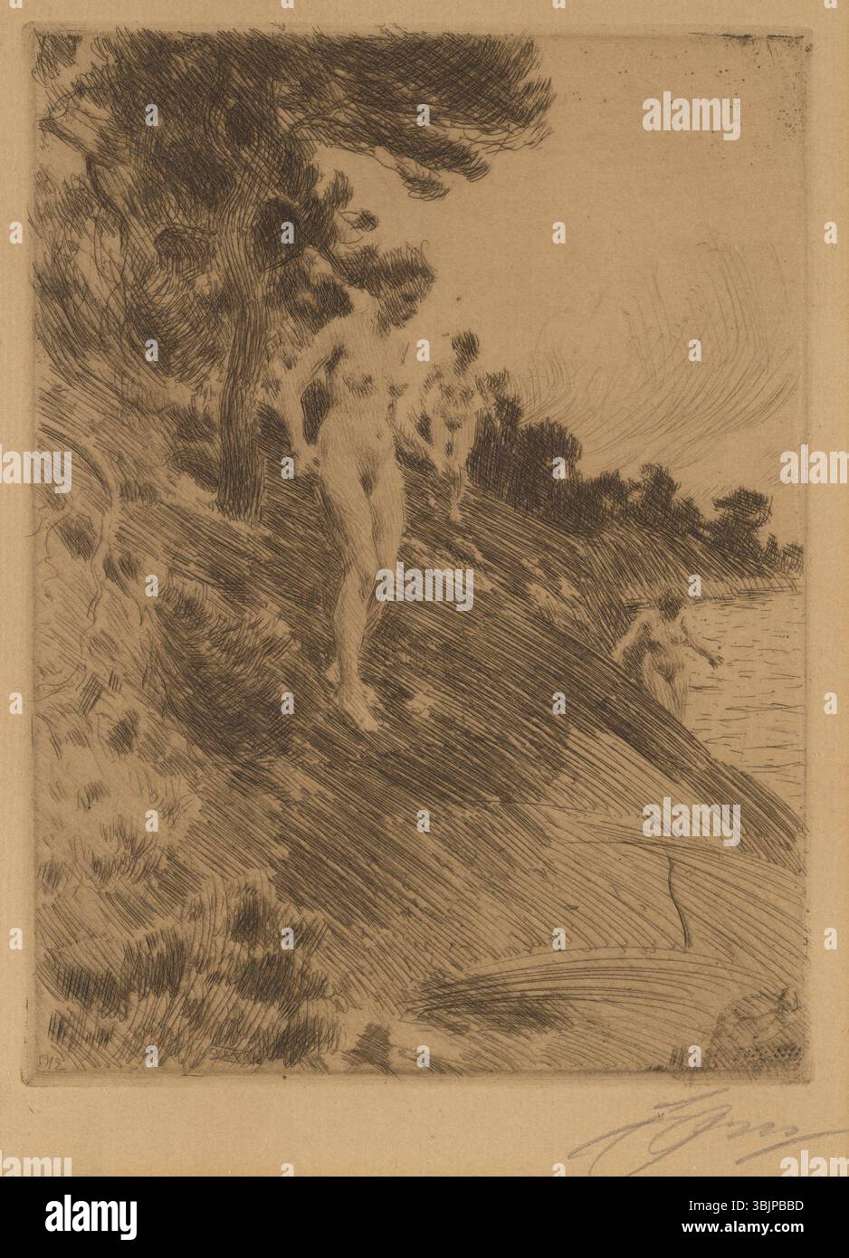 « Scared » (1912) d'Anders Zorn transmet l'intensité émotionnelle de la peur à travers la représentation d'une femme avec une expression anxieuse. L'utilisation de la lumière et de l'ombre par Zorn renforce le sentiment de peur, capturant un moment puissant et vulnérable dans l'état émotionnel de la figure. Banque D'Images