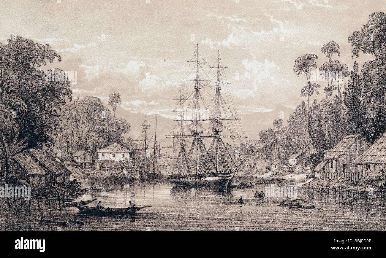 'Le navire britannique Dido au large de la côte de Sarawak, Bornéo, 1843' de George Hawkins the Younger est une peinture du XIXe siècle représentant le navire naval britannique Dido lors de son expédition à Bornéo. Le navire faisait partie d'un effort de répression de la piraterie dans la région. Banque D'Images