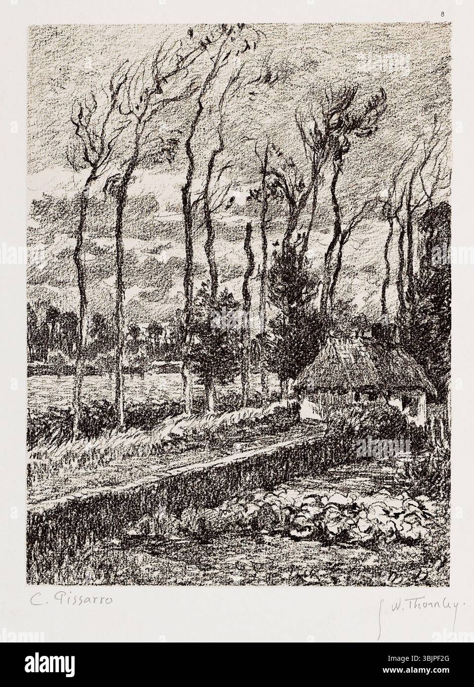 Cette lithographie intitulée 'paysage à Varengeville' a été créée par Georges William Thornley avant 1935, d'après une œuvre de Camille Pissarro, montrant un paysage rural à Varengeville, en France. Il a été imprimé par l'Atelier Becquet et édité par Boussod-Valadon à Paris. Banque D'Images