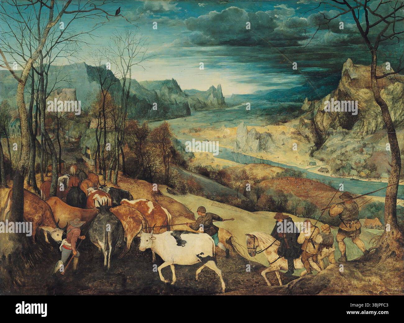 Le retour du troupeau, peint par Pieter Bruegel l'ancien en 1565, représente une scène pastorale mettant en vedette les agriculteurs et le bétail retournant au village. Cette huile sur panneau reflète l'attention particulière portée par Bruegel à la nature et à la vie rurale, caractéristique de son travail à la fin de la Renaissance. Banque D'Images