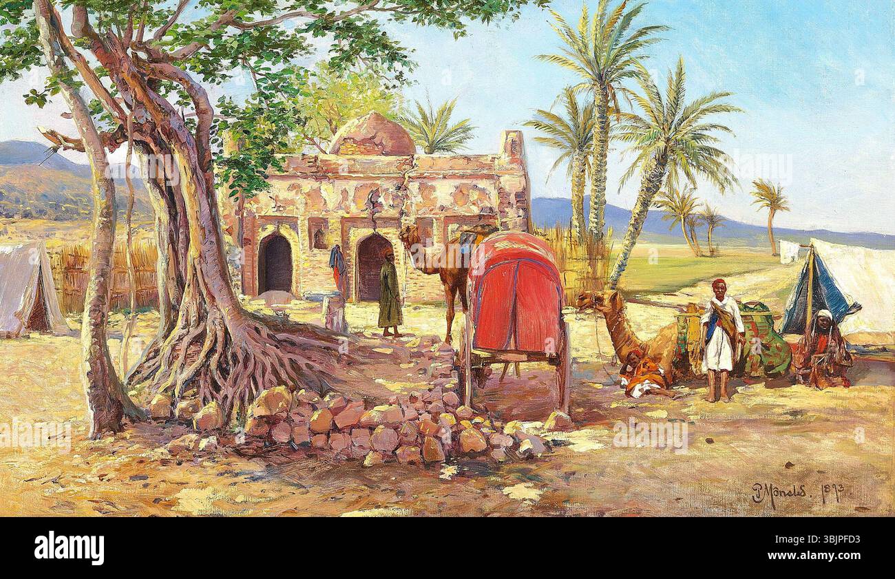 Peder Mønsted (1859-1941) peint « Bédouins dans un paysage égyptien » en 1893. L'huile sur toile capture des personnages bédouins au milieu d'un paysage désertique, mettant en valeur le terrain aride et la vie nomade traditionnelle. Banque D'Images