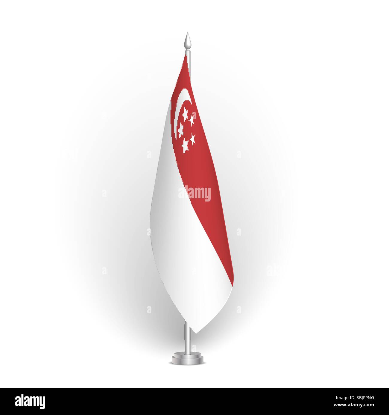 Drapeau de Singapour - drapeau de conférence 3D standard suspendu sur le mât de drapeau au sol. Utilisable pour sommet, réunion intérieure, salle de conseil, bureau gouvernemental, salle de presse ou réception. Drapeau vectoriel avec ombrage Illustration de Vecteur