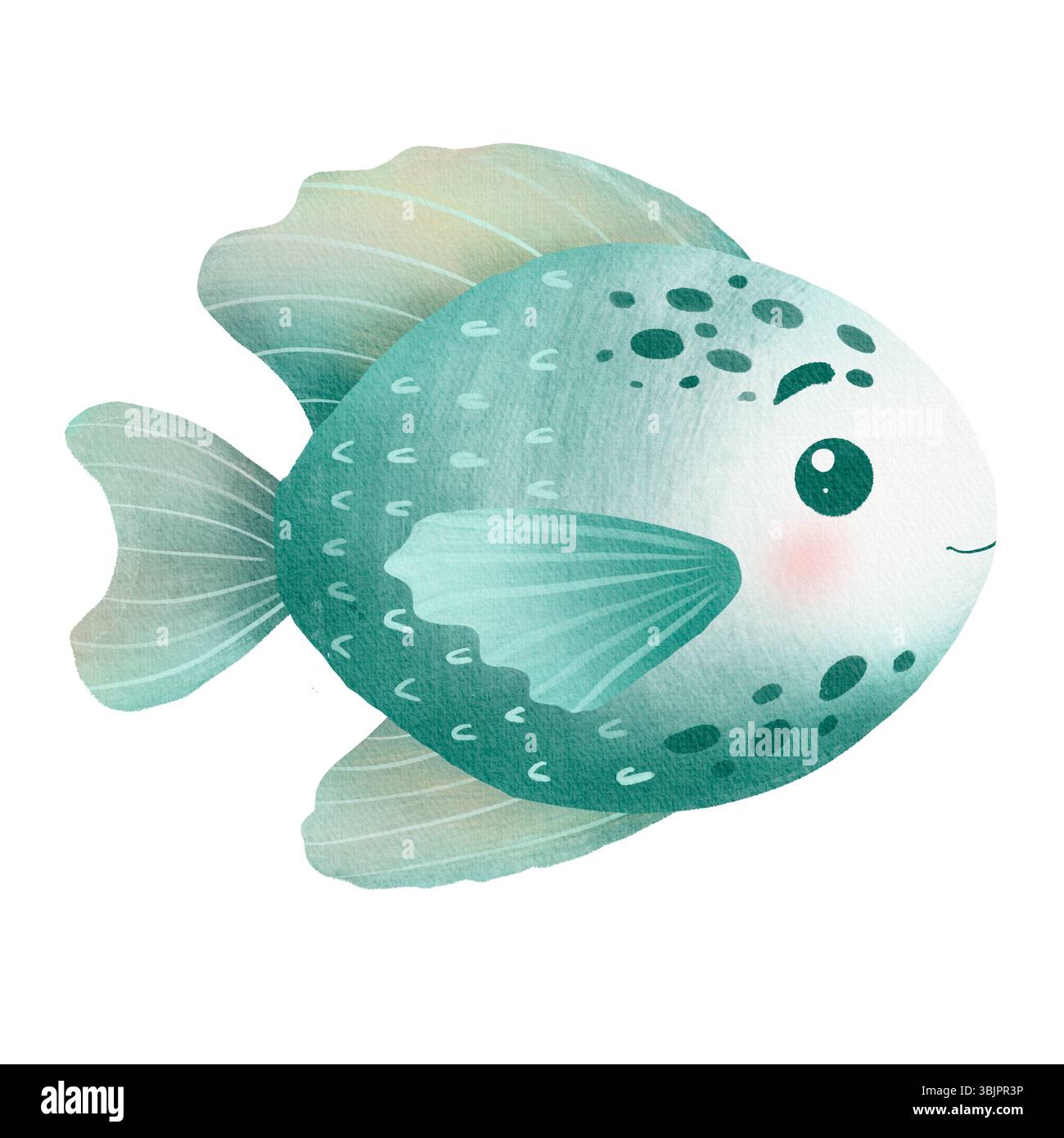Illustration aquarelle d'un poisson de dessin animé turquoise mignon avec de grands yeux et des ailerons ludiques. Banque D'Images