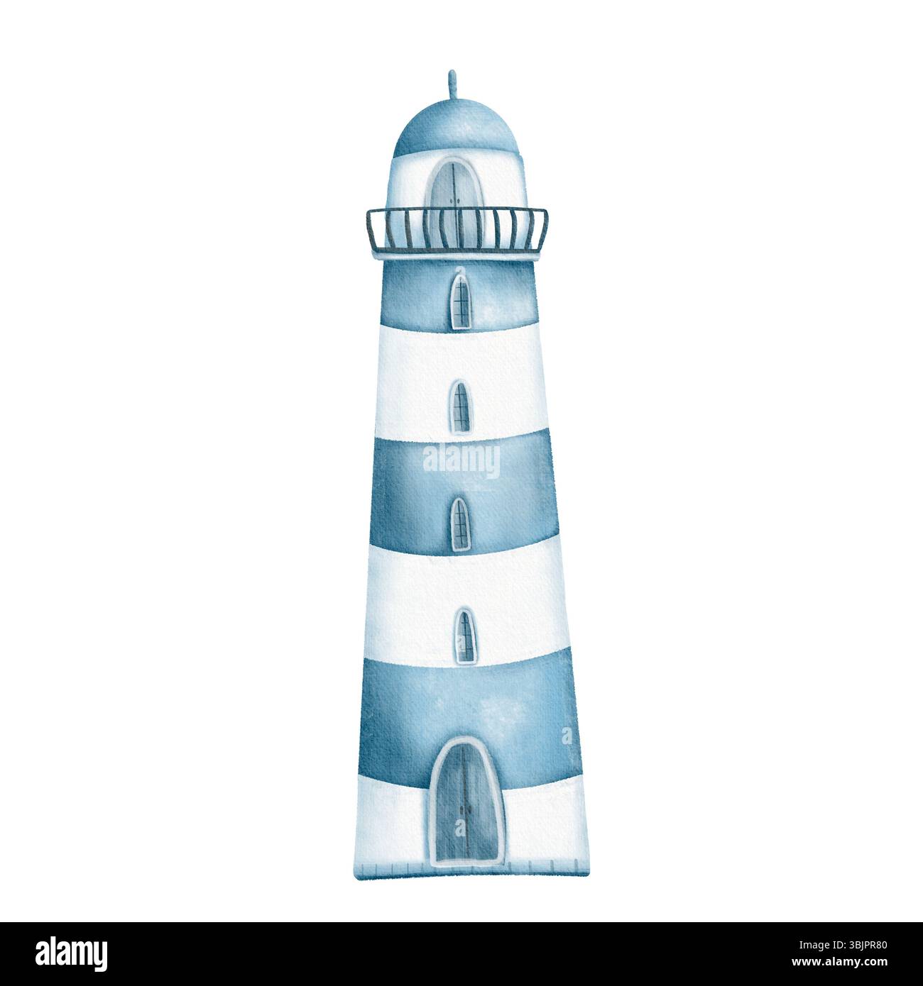 Illustration aquarelle d'un phare bleu et blanc avec des tons nautiques doux. Banque D'Images