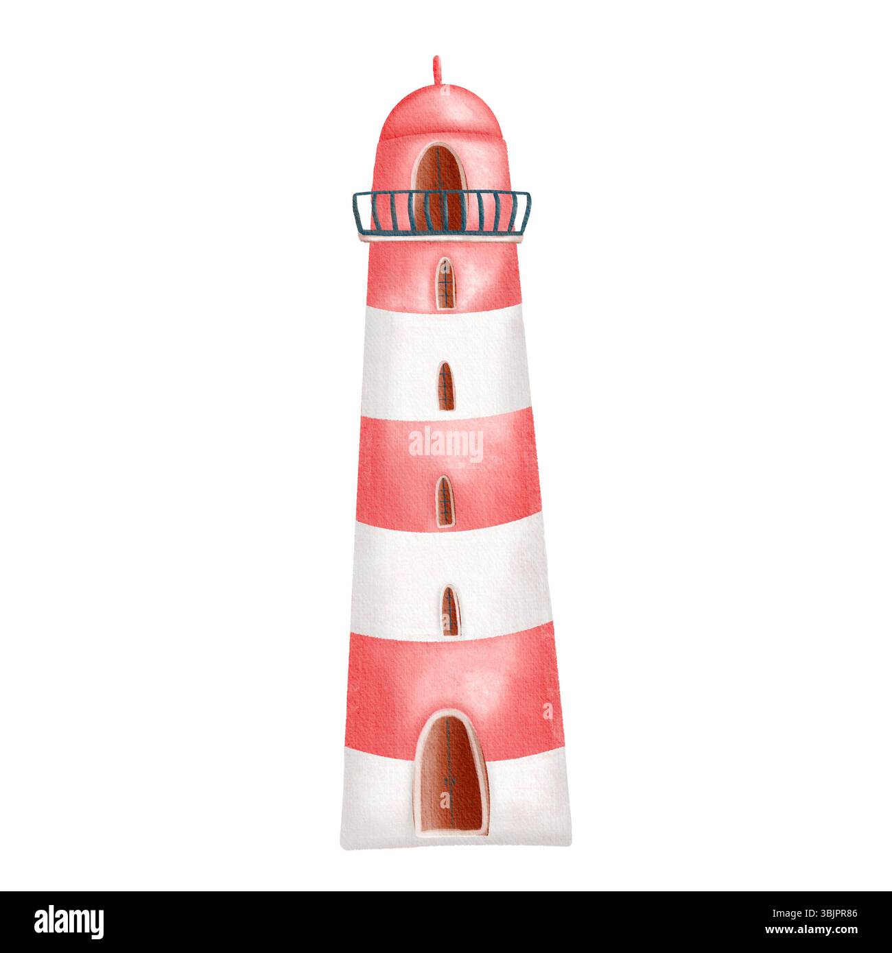 Illustration aquarelle d'un phare rouge et blanc avec des tons nautiques doux. Banque D'Images