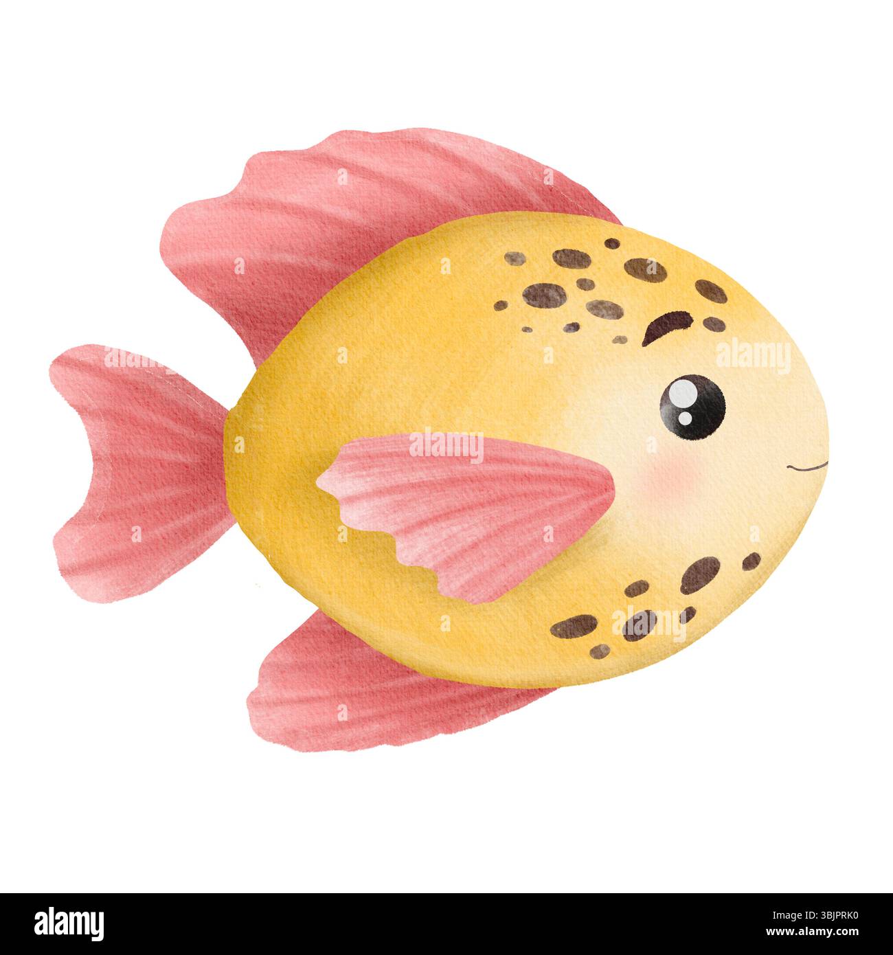 Illustration aquarelle d'un poisson de dessin animé jaune mignon avec de grands yeux et des ailerons ludiques. Banque D'Images