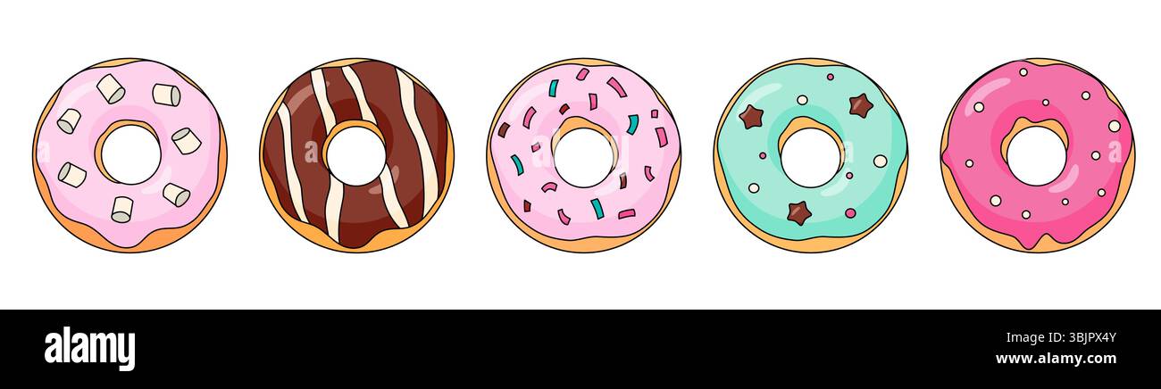 Divers Donuts collection brun rose menthe colorée collection beignets illustration vectorielle de dessin animé Illustration de Vecteur