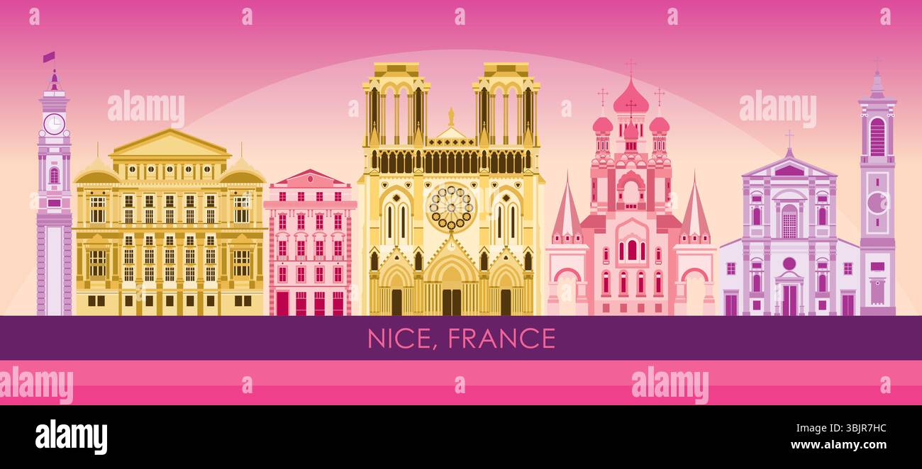 Panorama Sunset Skyline de la ville de Nice, France - illustration vectorielle Illustration de Vecteur