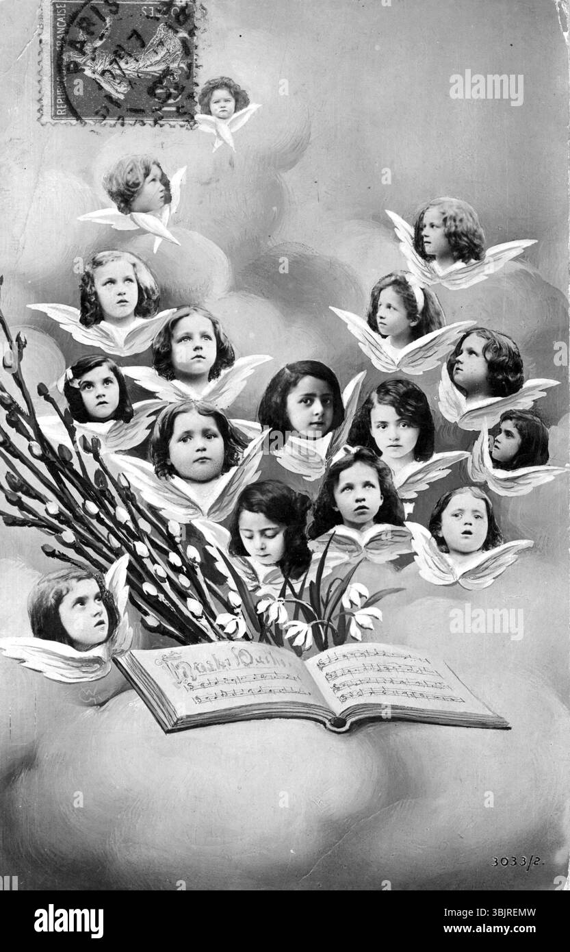 14 enfants comme anges, 1910, illustration d'enfants anges dont les têtes flottent hors d'un livre ouvert, photo historique Banque D'Images