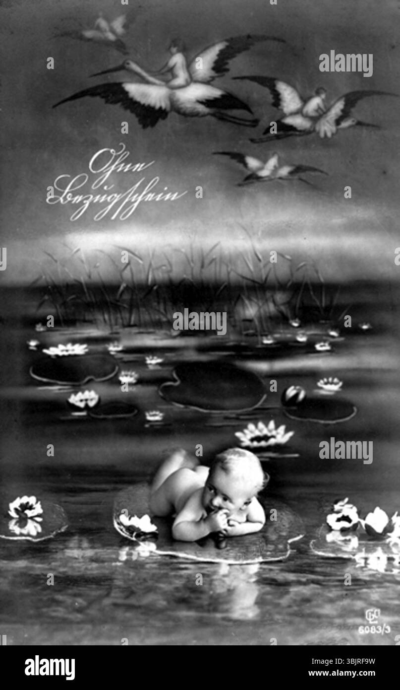 Bébé allongé sur une feuille, 1910, Un bébé allongé sur un nénuphar parmi les cigognes volantes dans un paysage de rêve surréaliste, photographie historique Banque D'Images