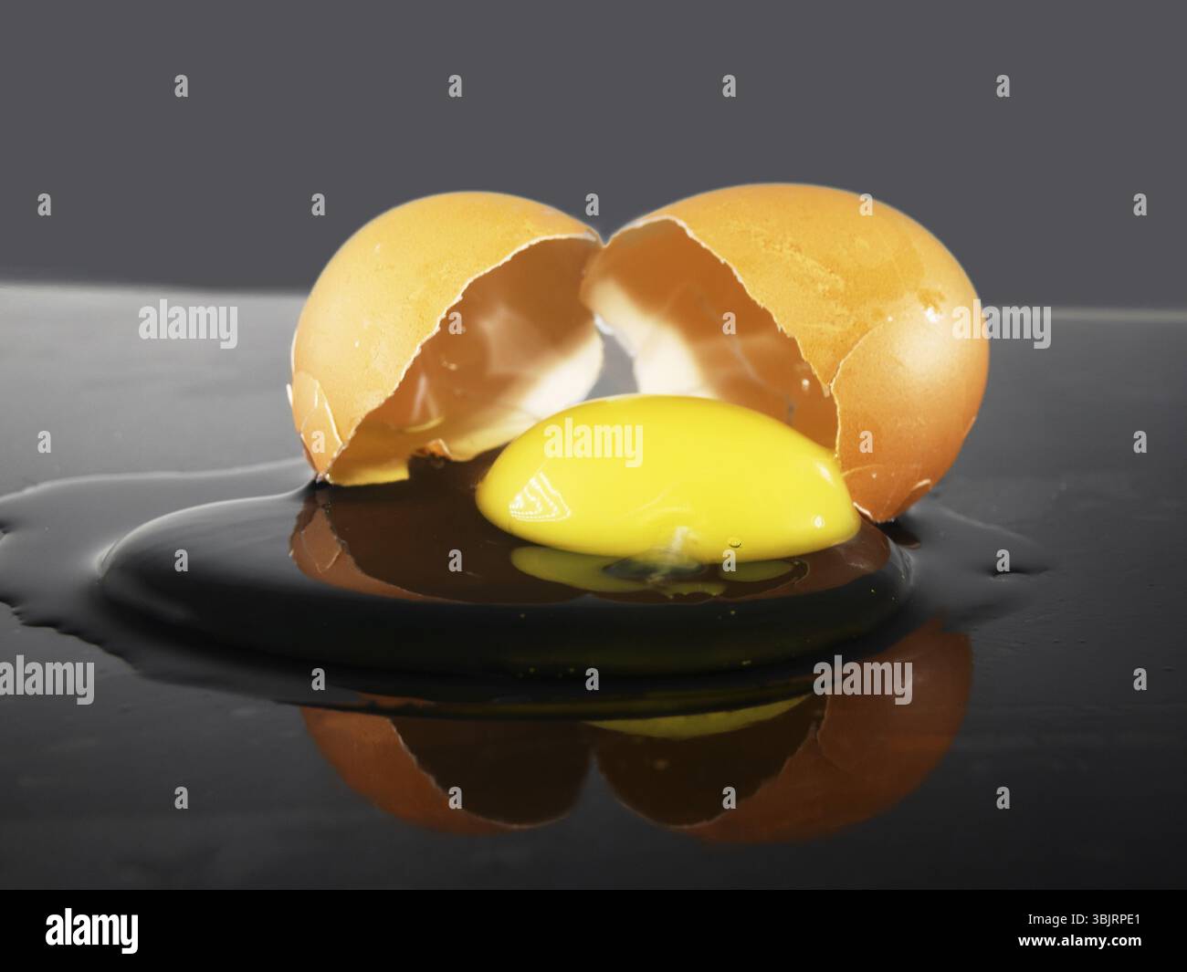 La coquille est cassée et le contenu de l'oeuf est sorti sur un fond miroir noir. œufs brouillés en produit semi-fini Banque D'Images