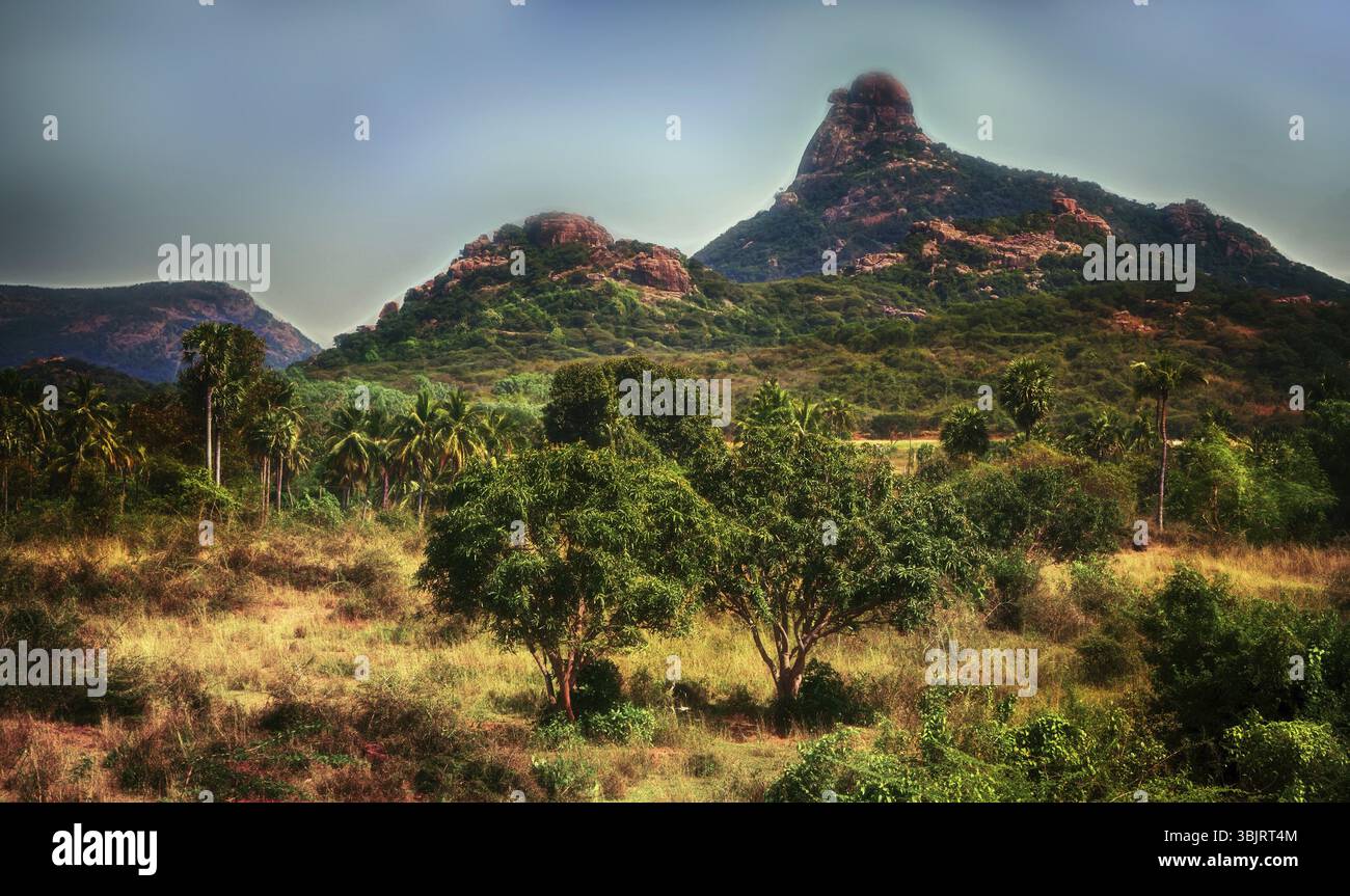 La montagne sacrée de l'Inde. Dans la proximité de Dieu et la méditation. Dessin à l'ordinateur (l'art fantastique, l'art numérique, Fantasy World) Banque D'Images