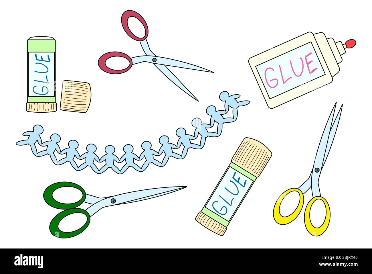 Ensemble de fournitures scolaires de dessin animé avec des bâtons de colle, des ciseaux et des découpes de gens en papier sur fond blanc. Pour le concept de papeterie de retour à l'école, Educat Illustration de Vecteur