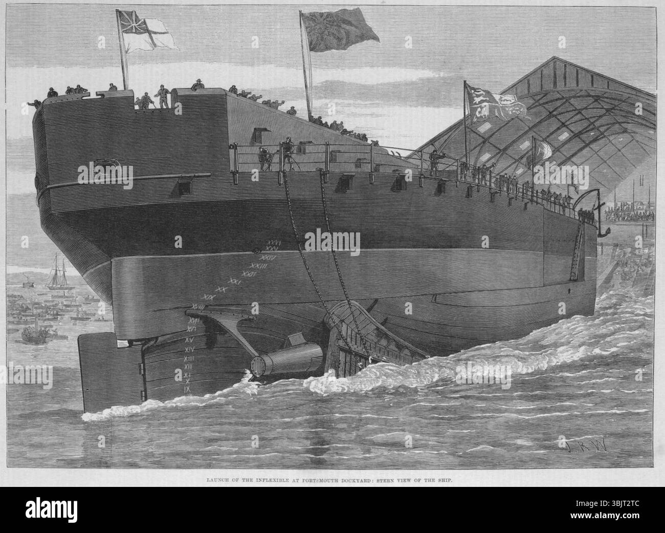 Lancement de l'inflexible à Portsmouth Dockyard, vue arrière du navire - ILN-1876-0506-0021. Banque D'Images