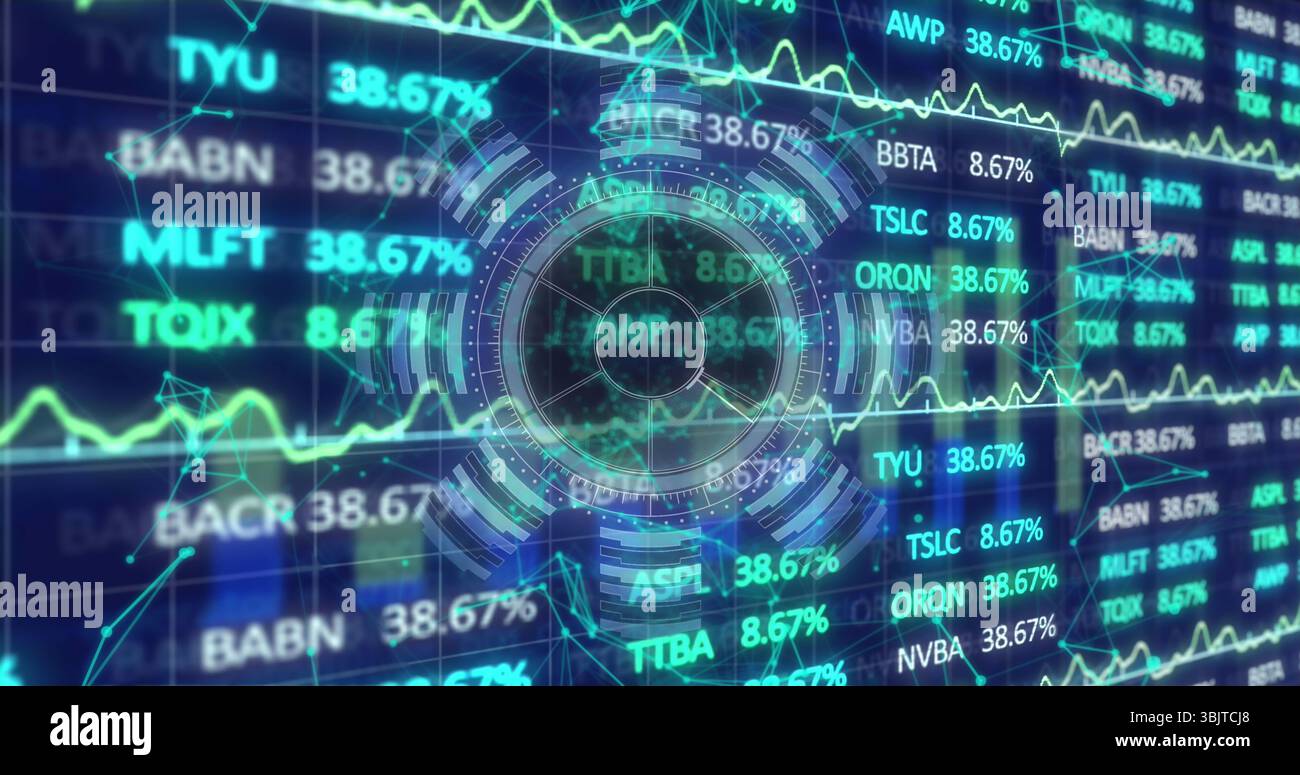 Affichage du HUD holographique circulaire brillant sur le tableau de bord de trading, affichage des symboles et des graphiques de ticker Banque D'Images