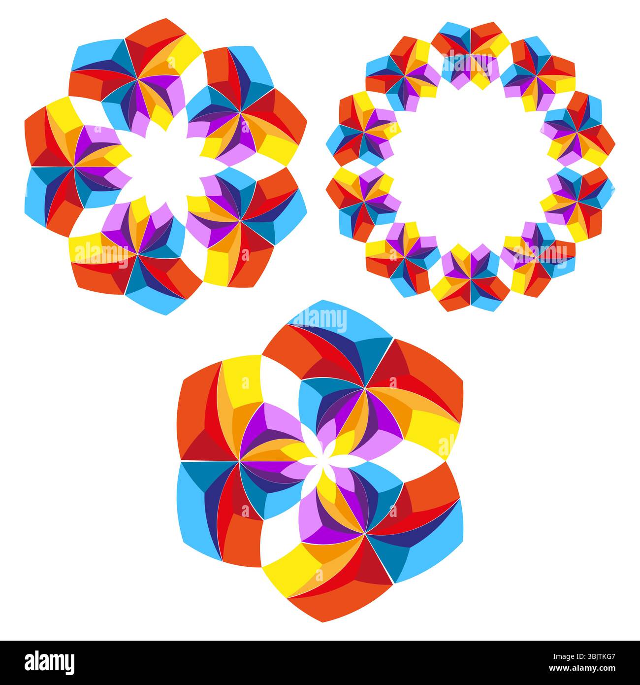Icônes de fleurs géométriques. Formes d'ornement radiales. Éléments colorés en pétales. Symboles abstraits vectoriels. Illustration de Vecteur