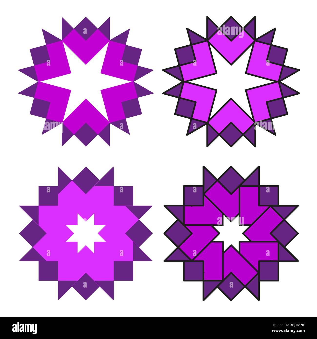 Icônes violet rose. Formes décoratives d'étoiles. Pétales brillants. Formes de fleurs vectorielles Illustration de Vecteur