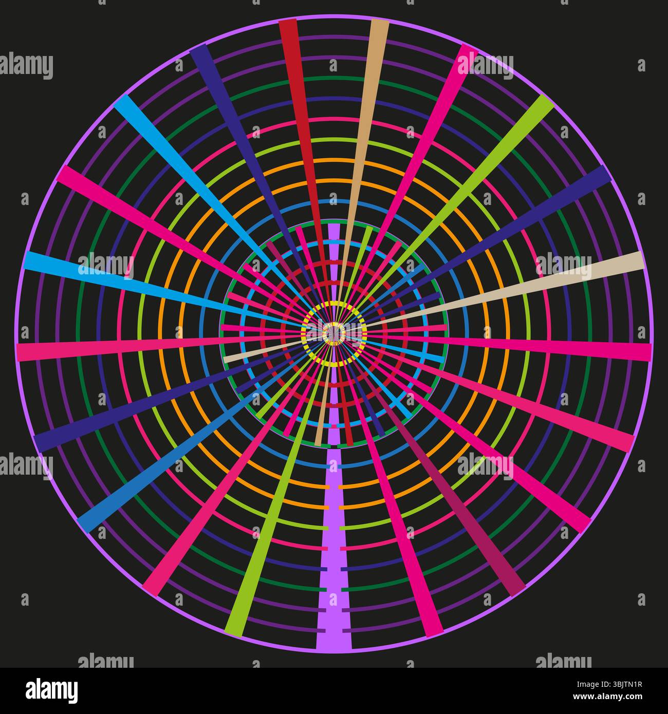 Cible circulaire au néon. Grille bleue radiale. Forme vectorielle abstraite. Fond sombre. Illustration de Vecteur