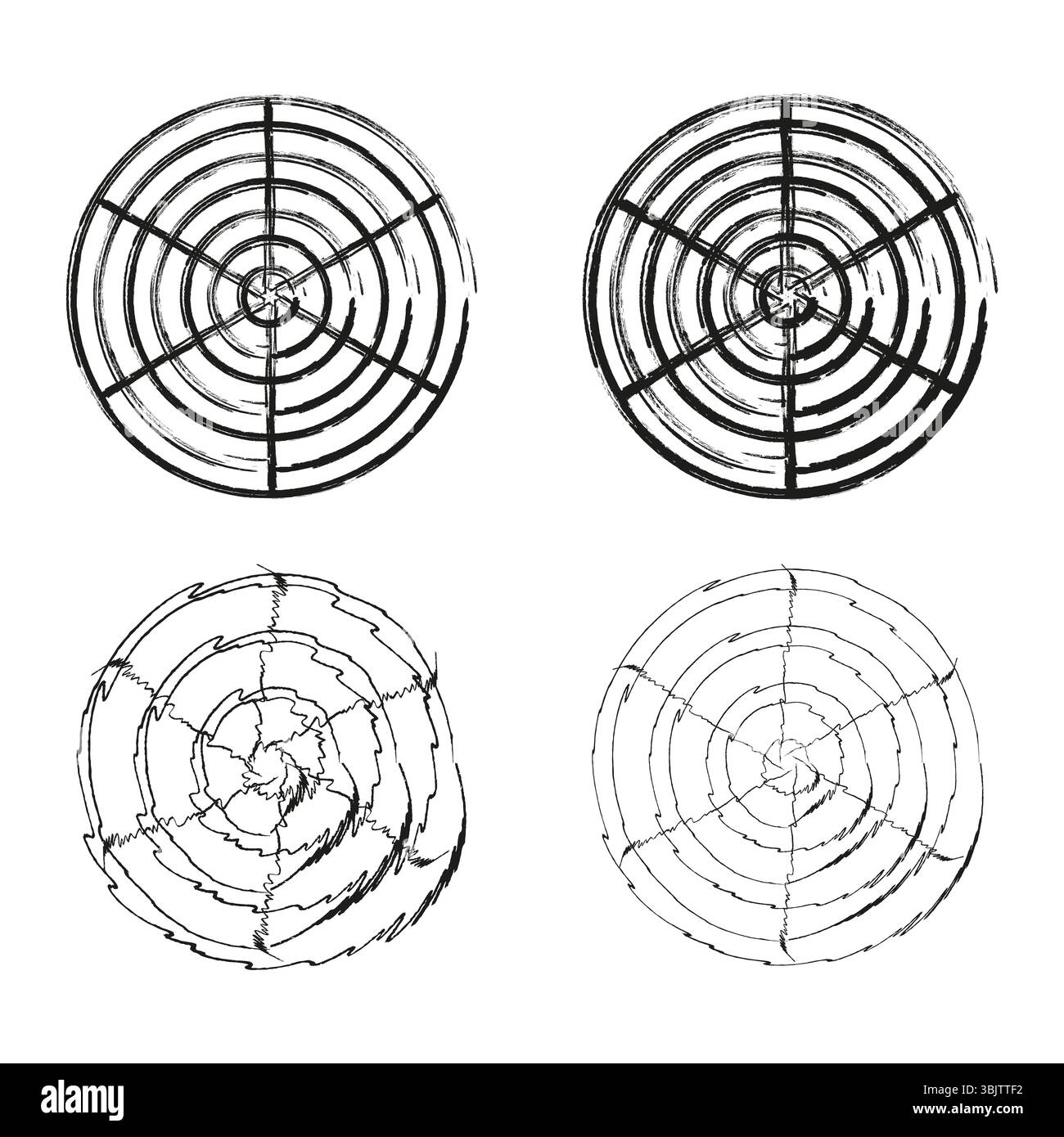 Jeu de spirales rondes. Formes concentriques abstraites. Cercles de lignes vectorielles. Anneaux noirs géométriques. Illustration de Vecteur