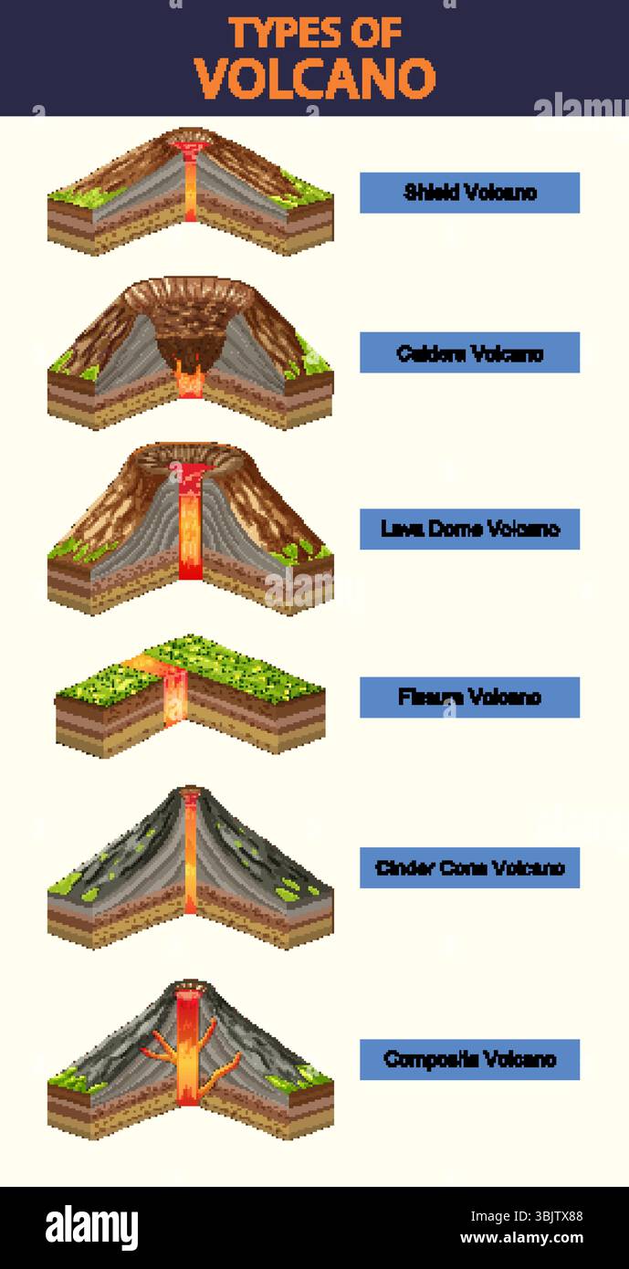 Illustration vectorielle montrant six types de volcans avec des étiquettes. Des sections transversales détaillées mettent en évidence des caractéristiques et des structures géologiques uniques Illustration de Vecteur