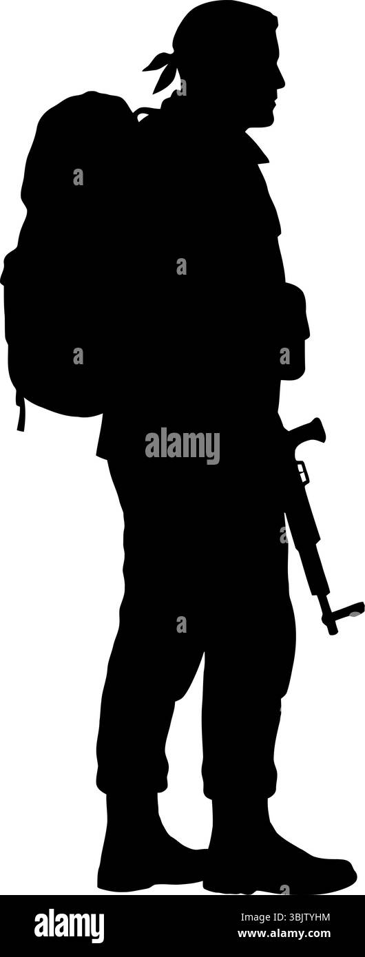 Silhouette soldat portant le fusil se tient prêt à porter sac à dos isolé sur fond blanc personnel militaire Illustration de Vecteur