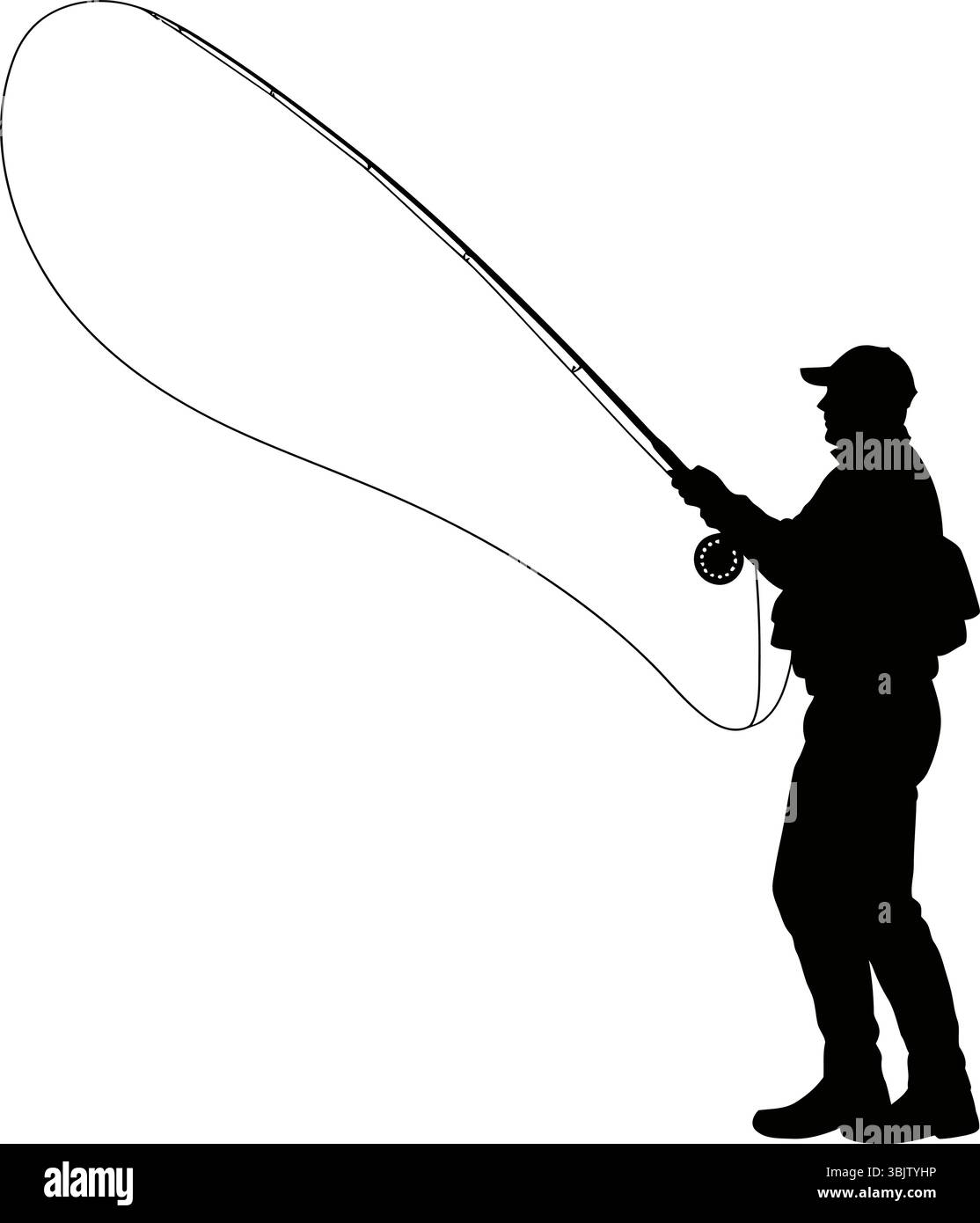 Canne de coulée de silhouette de pêche à la mouche en extérieur dans un style graphique noir et blanc Illustration de Vecteur