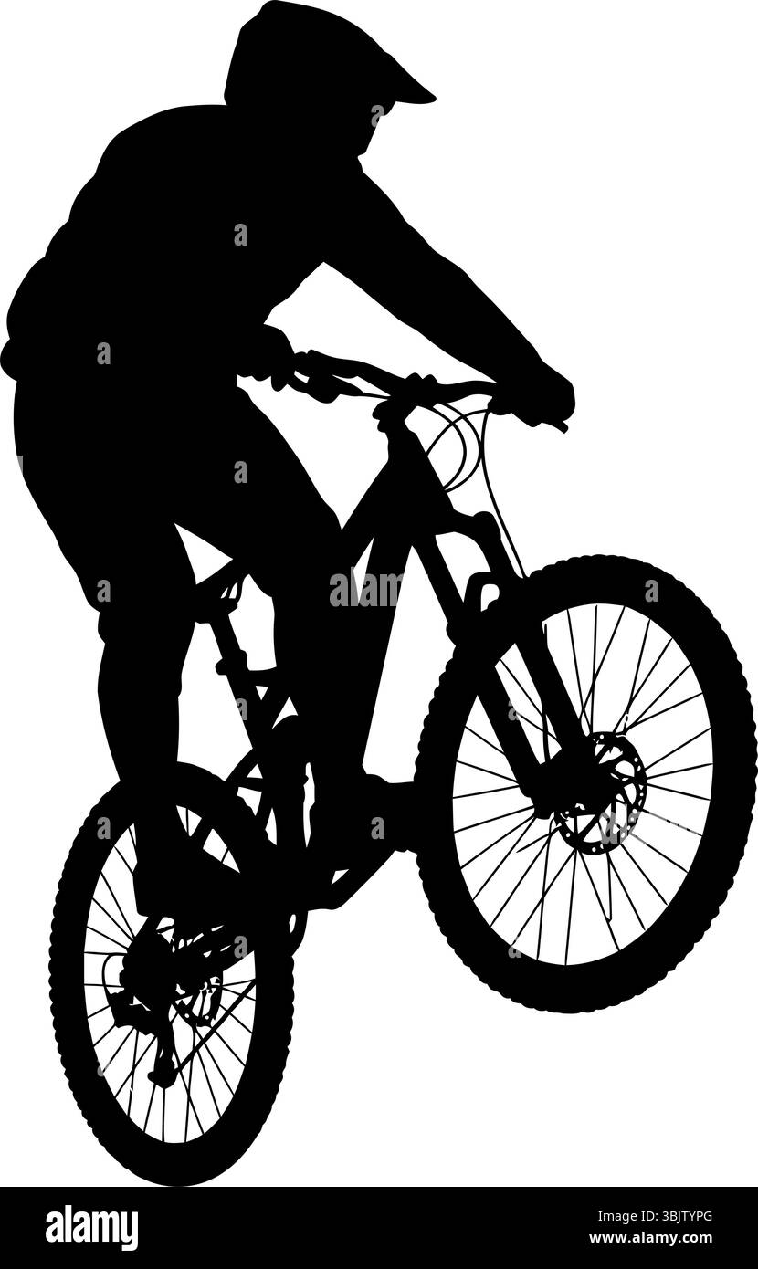 Le VTT saute habilement sur un sentier en faisant des cascades dans un style silhouette Illustration de Vecteur
