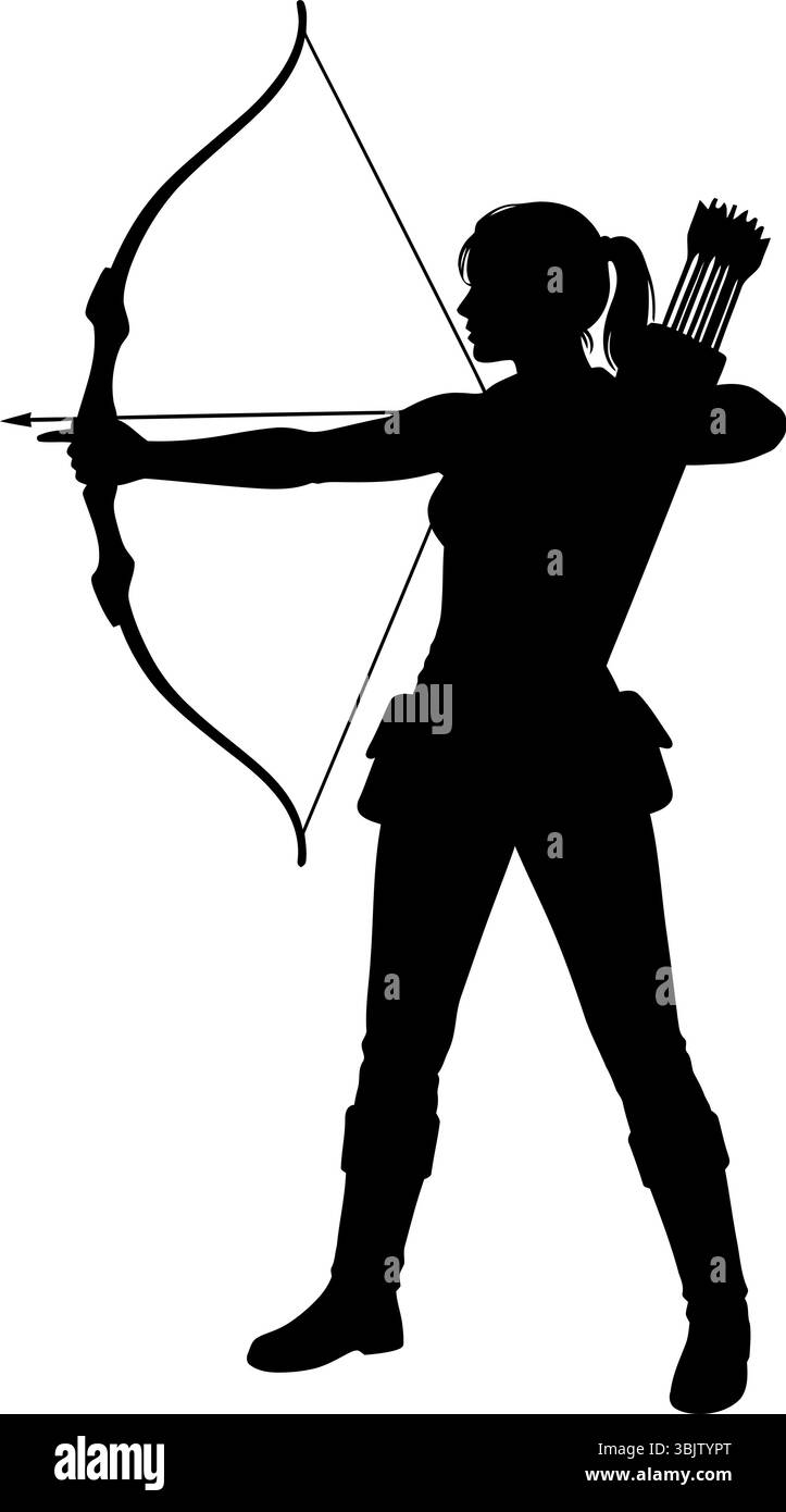 La silhouette Archer vise l'arc et la flèche montrant la détermination de la mise au point et l'habileté dans les sports ciblés Illustration de Vecteur