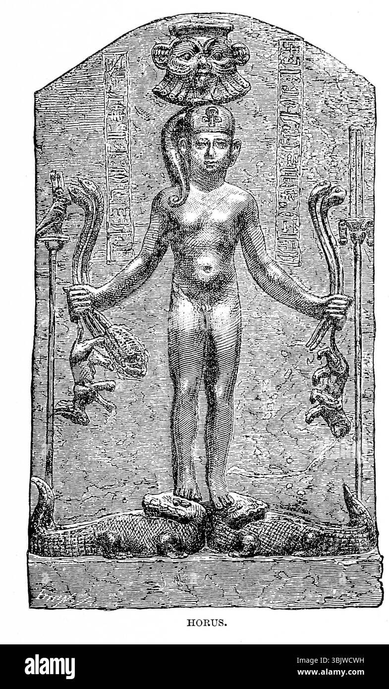 Horus Dieu solaire égyptien avec la tête d'un faucon ; le fils d'Osiris et Isis du LIVRE I Egypte dans le volume 9, de l'histoire universelle de Ridpath : un compte rendu de l'origine, de la condition primitive et du développement ethnique des grandes races de l'humanité, et des principaux événements dans l'évolution et le progrès de la vie civilisée entre les hommes et les Nations, à partir de sources récentes et authentiques avec une enquête préliminaire sur le temps, le lieu et la manière du commencement par Ridpath, John Clark, 1840-1900 publié en 1897 Banque D'Images