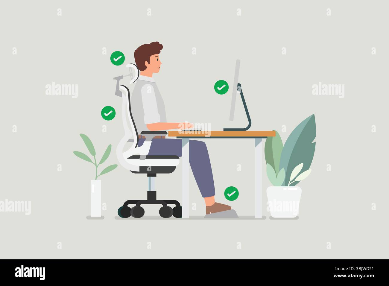 Homme assis correctement au bureau et travaillant avec un ordinateur. Illustration vectorielle Illustration de Vecteur