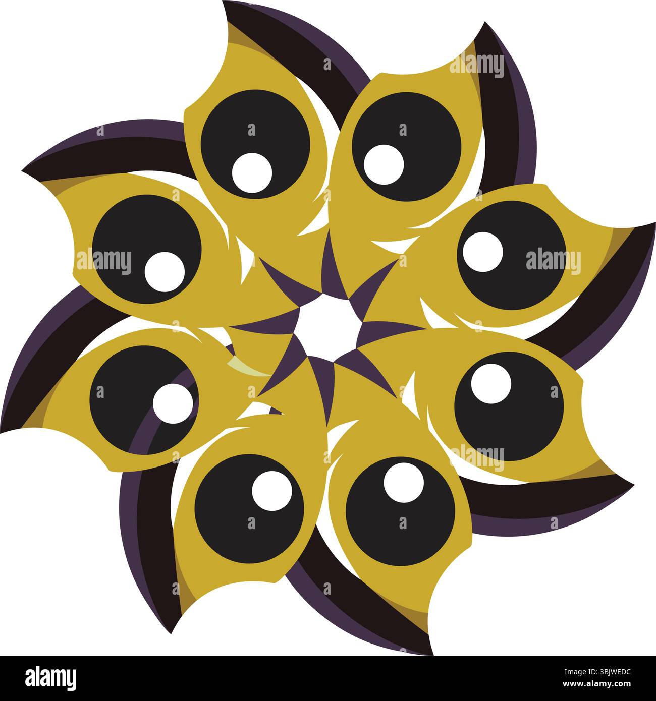 Une pièce d'art numérique abstraite captivante avec un arrangement radial symétrique de pétales jaunes stylisés ressemblant à des yeux avec des pupilles noires sur un BA blanc Illustration de Vecteur