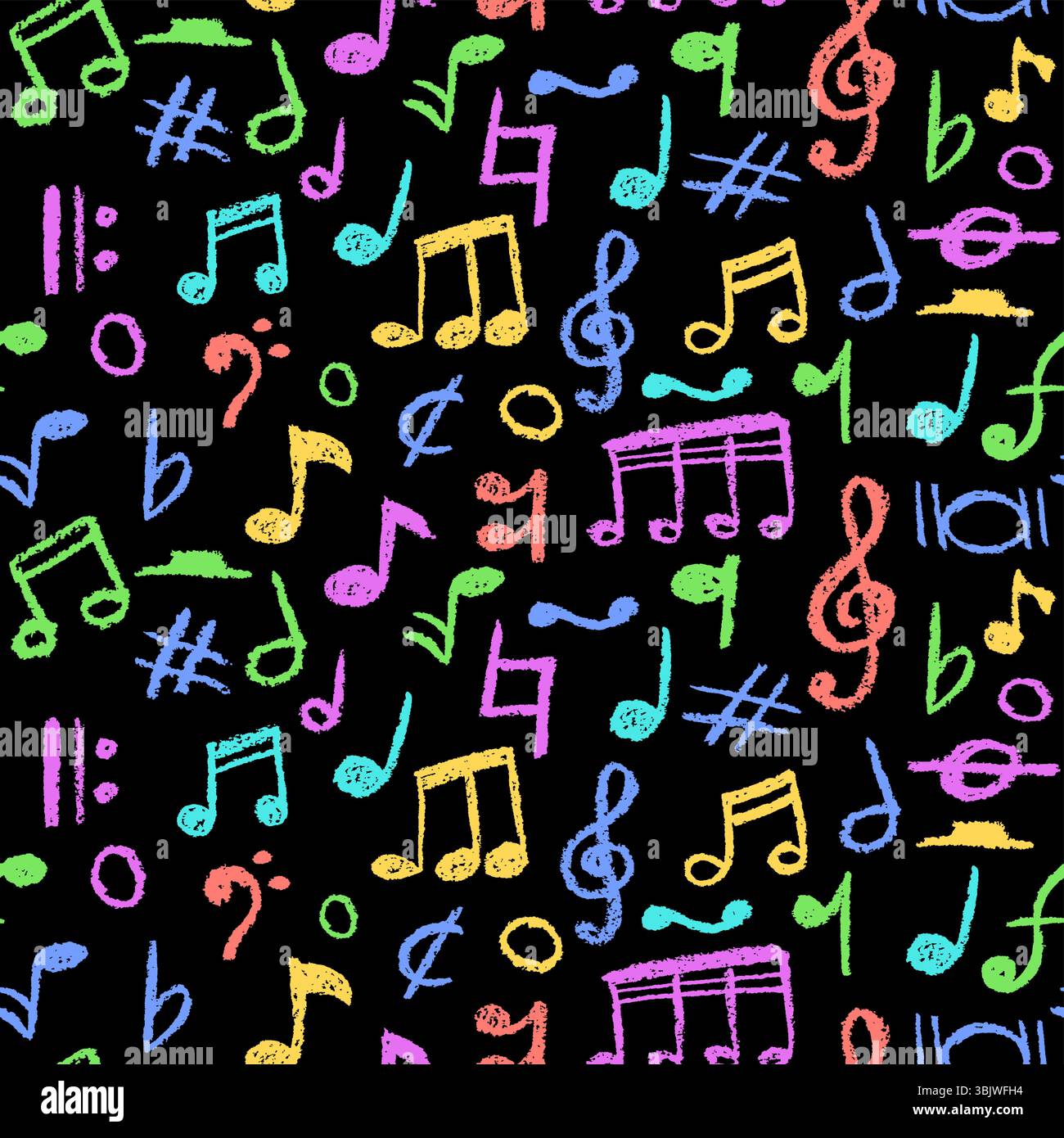 Eléments de musique pop manuscrits. Motif sans coutures de style charbon. Griffonner des notes aux couleurs arc-en-ciel pour les enfants de maternelle. Illustration vectorielle d'un mignon Illustration de Vecteur