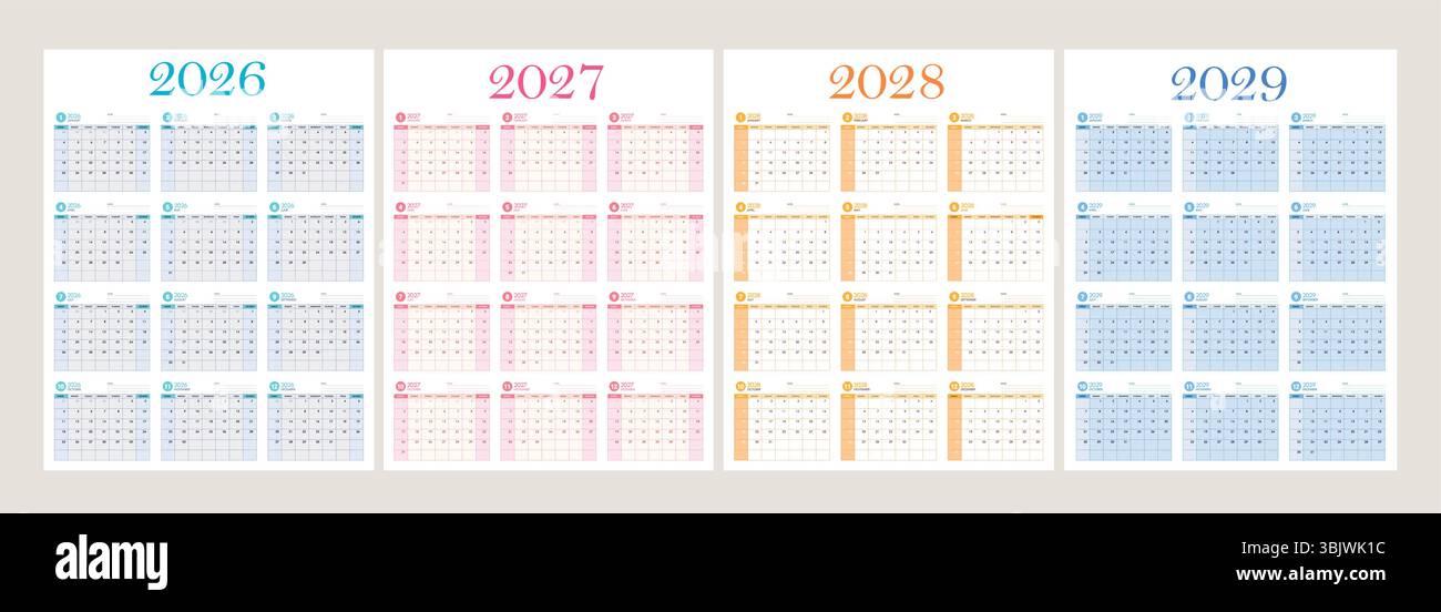 Jeu de cliparts de modèle de calendrier. Collection de 2026, 2027, 2028 et 2029 illustrations vectorielles de conception clip art annuelles, mensuelles et hebdomadaires simples. Illustration de Vecteur