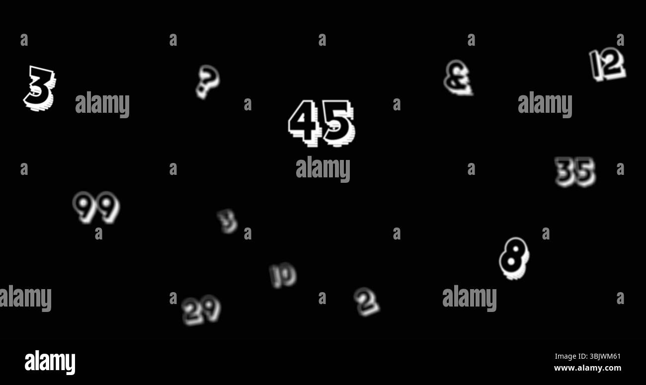 Affichage du numéro 45 glitching sur fond noir, avec des chiffres de 2 à 99 et des symboles Banque D'Images
